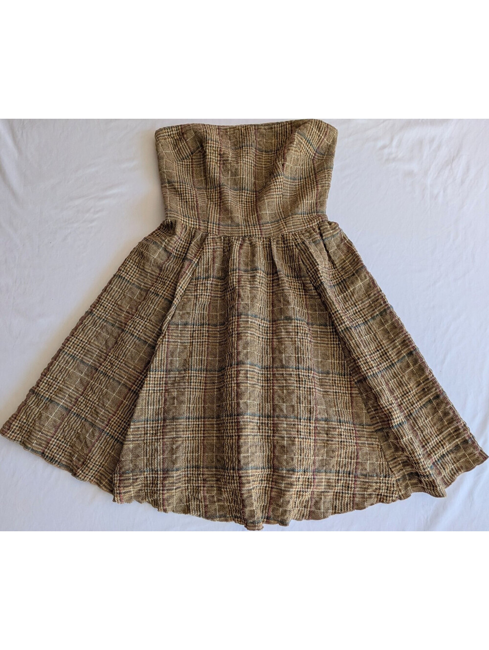 Corey Lynn Calter Brown Plaid Tweed Fit & Flare Dress 6 Strapless Pleated